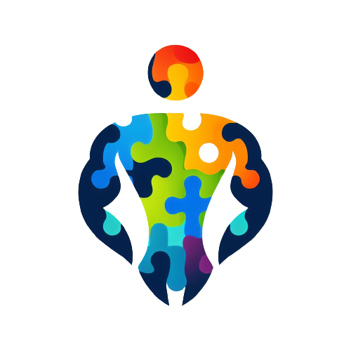 figura stilizzata composta da pezzi di puzzle colorati rappresenta il mezzo busto di una persona muscolosa e in salute grazie ad una vista sana e all'uso di integratori