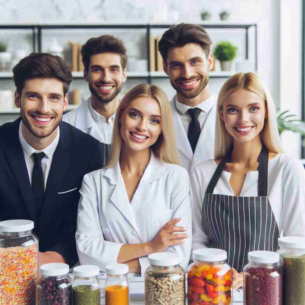 Mostra un gruppo di professionisti sorridenti in abiti da lavoro, con grembiuli o camici bianchi, che lavorano insieme in un laboratorio. Sullo sfondo, una composizione di confezioni colorate e ingredienti naturali per comporre integratori alimentari per la salute articolare e mantenere ossa flessibili