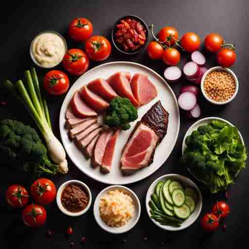 Immagine di un piatto di cibi ricchi di collagene con verdure fresche e carne magra