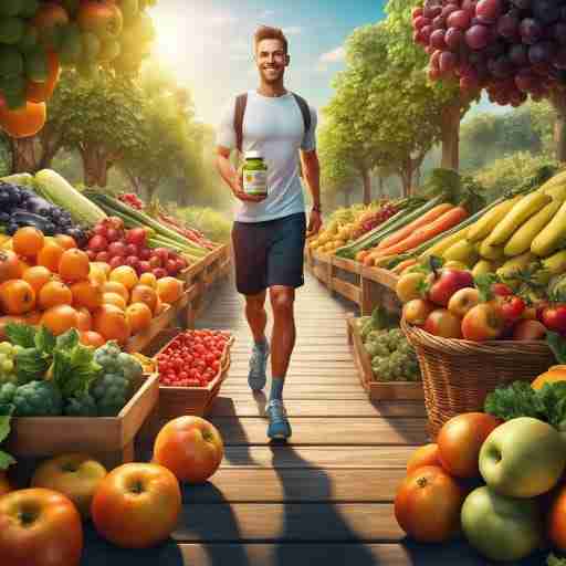 Una persona attiva e sorridente che cammina su un sentiero circondata da frutta fresca e verdure, con un'icona degli integratori alimentari che si staglia sullo sfondo.