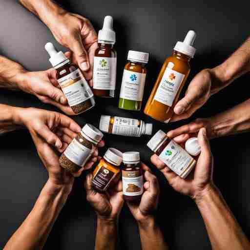 Mani che tengono diverse bottiglie di integratori per la salute articolare su uno sfondo neutro