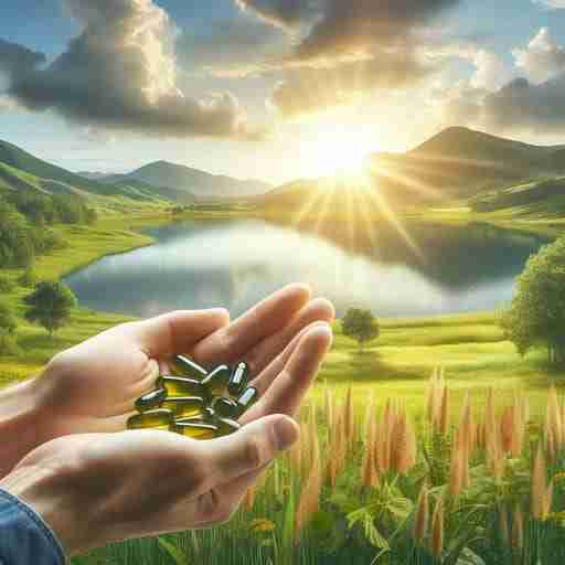 Mostra un paesaggio naturale rilassante con un cielo sereno e campi verdi e un lago limpido. Nel primo piano, posiziona una mano che tiene alcune capsule di integratori per gli occhi contenenti luteina, zeaxantina e omega-3
