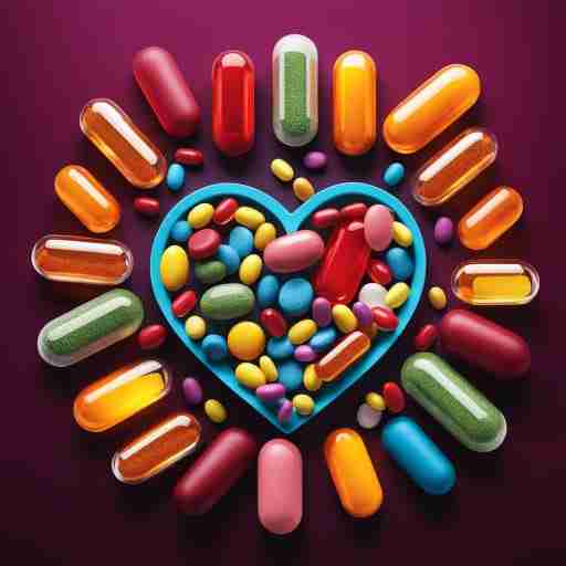 Integratori Multivitaminici: Il Nutrimento Completo per un Cuore Sano - Una varietà di pillole colorate disposte attorno a un cuore luminoso, simboleggiando il supporto completo per la salute cardiaca.