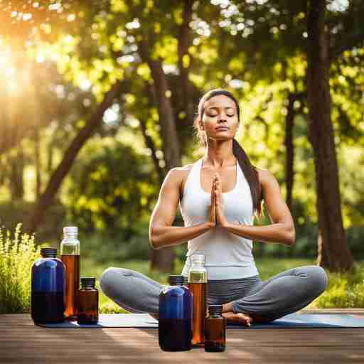 Donna che pratica yoga all'aperto con integratori per la salute articolare