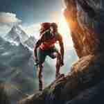 Un atleta determinato che scala una montagna, rappresentando il percorso verso il successo sportivo.