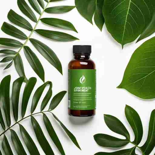 Bottiglia di integratori per la salute articolare su uno sfondo di foglie verdi