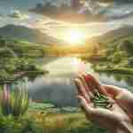 Mostra un paesaggio naturale rilassante con un cielo sereno e campi verdi e un lago limpido. Nel primo piano, posiziona una mano che tiene alcune capsule di integratori per gli occhi contenenti luteina, zeaxantina e omega-3. Questo trasmette un senso di benessere e naturalezza, suggerendo che gli integratori supportano la salute degli occhi in armonia con la natura.