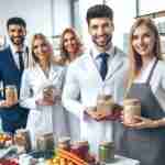 Mostra un gruppo di professionisti sorridenti in abiti da lavoro, con grembiuli o camici bianchi, che lavorano insieme in un laboratorio. Sullo sfondo, una composizione di integratori alimentari per la salute articolare, confezioni colorate e ingredienti naturali.