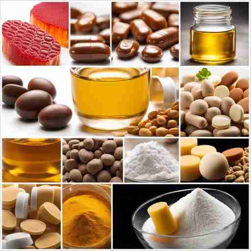 Un collage di immagini che rappresentano diverse modalità di assunzione degli integratori alimentari, come compresse, polveri da sciogliere, liquidi, gomme e patch transdermici.