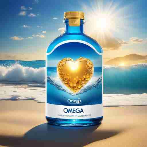 Omega-3 e il Cuore: Un Legame Essenziale per la Salute Cardiovascolare - Una bottiglia di integratori di omega-3 con un cuore stilizzato che emerge dall'oceano, simboleggiando il legame profondo tra omega-3 e salute cardiaca