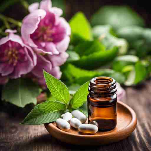 barattolo vuoto con alcune compresse di integratori per le articolazioni in un vassoietto di legno, il tutto su uno sfondo floreale