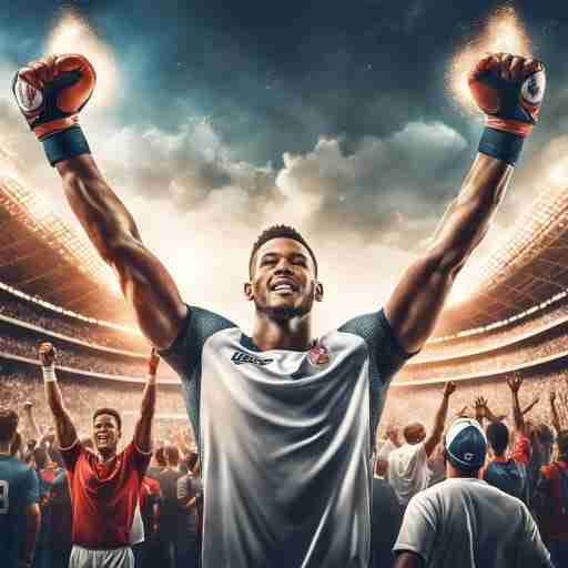 Un atleta che alza le braccia in segno di vittoria, con una folla che applaude sullo sfondo.