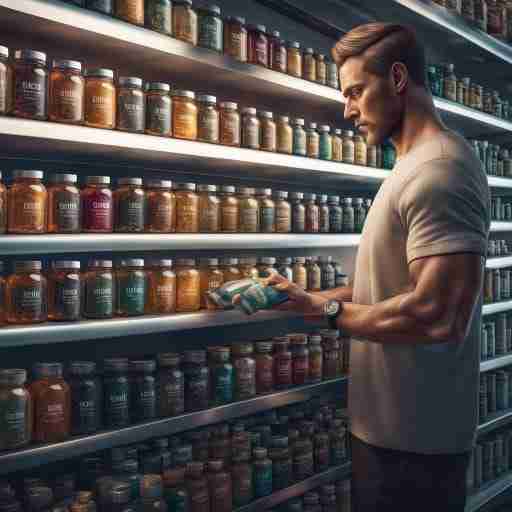 Una mano che seleziona con attenzione degli integratori da una vasta selezione su uno scaffale.