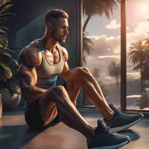 Un atleta che si rilassa mentre si recupera dopo un intenso allenamento, con uno sfondo rilassante.