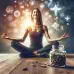 Immagine di una persona sorridente e piena di energia, in posizione meditativa, con un vasetto di integratori accanto. Questa immagine suggerisce il miglioramento dell'umore e della vitalità attraverso l'assunzione di integratori per la salute mentale.