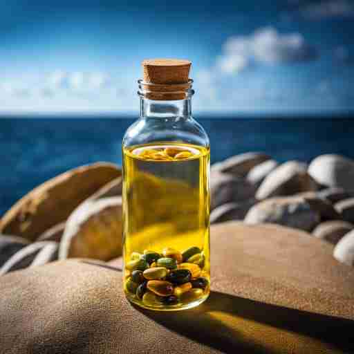 Omega-3 e la Salute degli Occhi: Navigando verso la Vista Serena - Immagine di una bottiglia di integratori omega-3 sullo sfondo un mare calmo