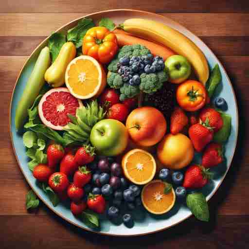 Un piatto colorato con una varietà di frutta e verdura, rappresentando una dieta ricca di nutrienti.