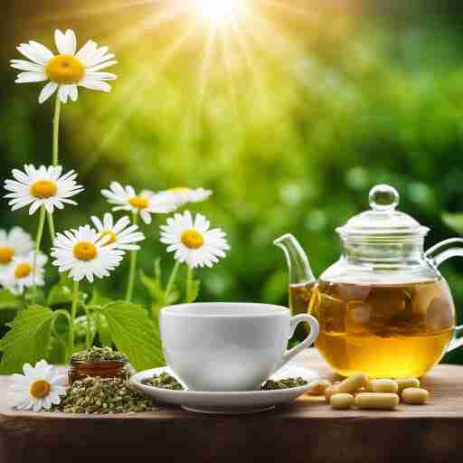 Persona rilassata prepara una tazza di tisana con ingredienti come camomilla e valeriana, simboli di calma e rilassamento, mentre integra vitamine del gruppo B per gestire lo stress quotidiano