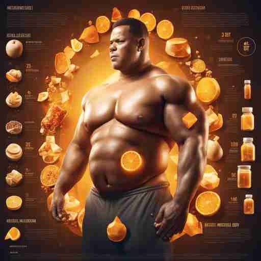 Un'illustrazione che mostra il processo di metabolismo e bruciatura dei grassi nel corpo umano, magari con una sequenza di immagini che rappresentano gli integratori per la perdita di peso in azione. Potrebbe essere inclusa un'icona rappresentativa di una bilancia che mostra una diminuzione del peso corporeo