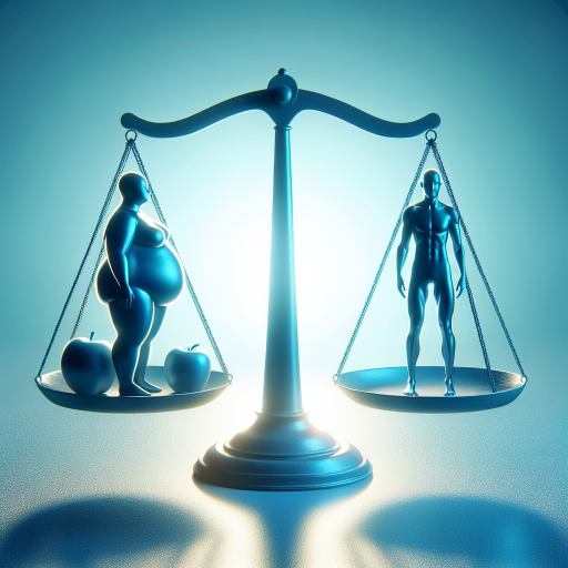 Un'immagine di una bilancia con un lato che mostra un peso in eccesso e l'altro che mostra una persona in forma, simboleggiando il cambiamento verso uno stile di vita più sano. Visualizza il cambiamento positivo verso uno stile di vita più sano attraverso la dieta chetogenica e l'uso degli integratori.