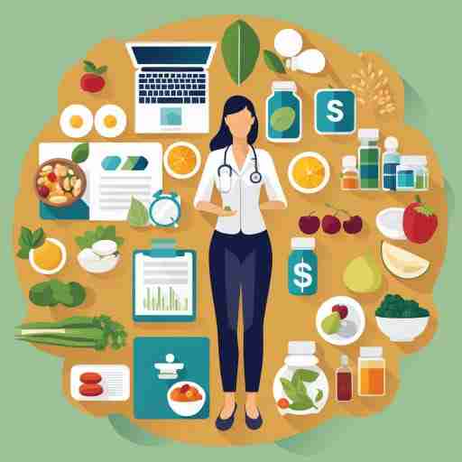 Persona consulta un professionista della salute, circondata da integratori e alimenti nutrienti, simboli di cura e consapevolezza nella gestione dello stress.