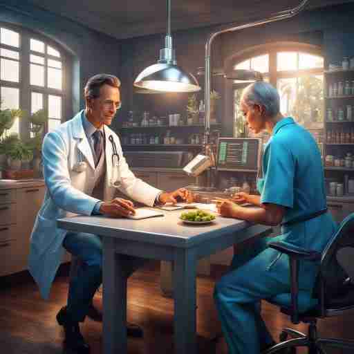 Un'immagine di un dottore o un dietologo che consiglia un paziente. Suggerisce l'importanza di consultare un professionista della salute per ricevere consigli personalizzati sulla dieta chetogenica, promuovendo un approccio responsabile alla salute.