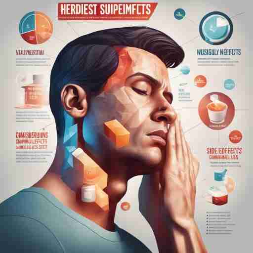 Un'illustrazione che rappresenta una persona con segni di disagio o effetti collaterali come mal di testa, nausea o nervosismo, accanto a una lista di effetti collaterali comuni degli integratori per la perdita di peso