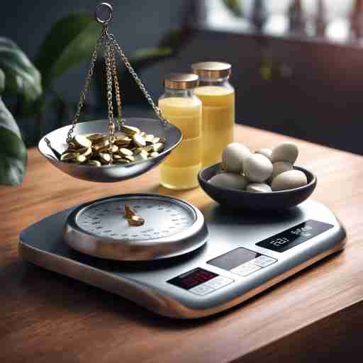 Una coppia di bilance, una con un peso più alto e una con un peso inferiore, posizionate accanto agli integratori per la perdita di peso. Si potrebbe mostrare anche una persona felice e soddisfatta accanto alla bilancia con il peso inferiore