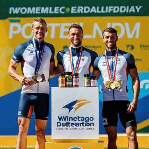 immagine di un podio di atletica con i vincitori che hanno la forma di confezioni di integratori alimentari con appese le medaglie al collo Indica visivamente gli integratori più raccomandati per la dieta chetogenica, conferendo loro un riconoscimento speciale.