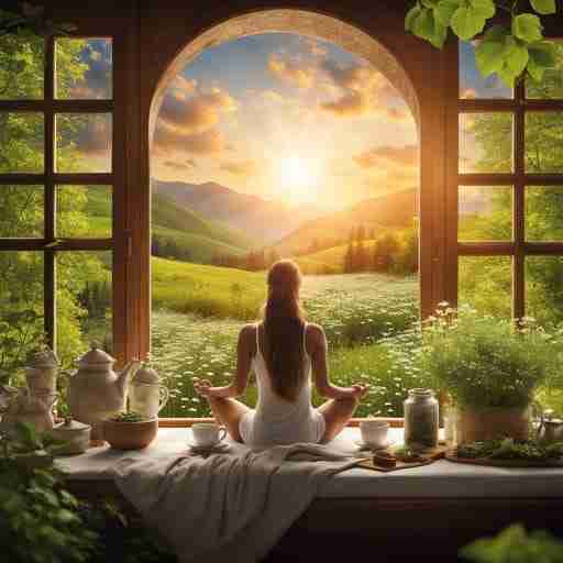 Persona rilassata in un ambiente sereno, sorseggia una tazza di tisana con camomilla, melissa e valeriana, simboli di tranquillità e relax