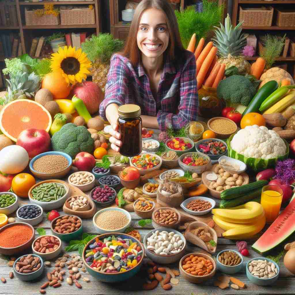 Immagina una tavola apparecchiata con un'ampia varietà di cibi vegani colorati e nutrienti, come frutta fresca, verdure croccanti, cereali integrali, frutta secca assortita e legumi vari. Al centro del tavolo è disposta in modo invitante una collezione di integratori vegani, dal packaging colorato e appetitoso. In primo piano, una persona sorridente ed energica tiene in mano un flacone di integratore, a simboleggiare la vitalità e il benessere che derivano da una dieta equilibrata supportata da integratori