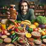 immagine mostra un tavolo riccamente apparecchiato con una vasta gamma di alimenti vegani colorati e nutrienti, come frutta fresca, verdure croccanti, cereali integrali, noci assortite e legumi vari. Al centro del tavolo, un insieme di integratori vegani è disposto in modo invitante, con confezioni colorate e appetitose. In primo piano, una persona sorridente e energica tiene in mano una bottiglia di integratore, simboleggiando la vitalità e il benessere che derivano da una dieta equilibrata e supportata da integratori