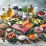 Una tavola ben presentata con una varietà di alimenti chetogenici come avocado, uova, carne magra, verdure a basso contenuto di carboidrati e frutti di mare, accanto a bottiglie di integratori chetogenici come MCT, omega-3 e sali elettrolitici. L'immagine dovrebbe trasmettere l'idea di una dieta chetogenica ben equilibrata e supportata da integratori essenziali.