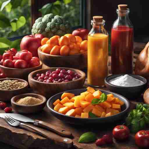 Una tavola imbandita con alimenti sani e naturali, insieme a una bottiglia di integratori per la perdita di peso adatti ai diabetici. Accanto potrebbe essere presente un'icona rappresentativa del monitoraggio del glucosio nel sangue