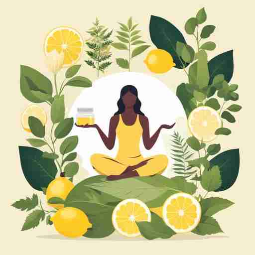 Persona serena tiene in mano una selezione di integratori per la salute mentale, tra cui valeriana, olio di pesce omega-3 e melissa, simboleggiando il supporto naturale per il benessere mentale