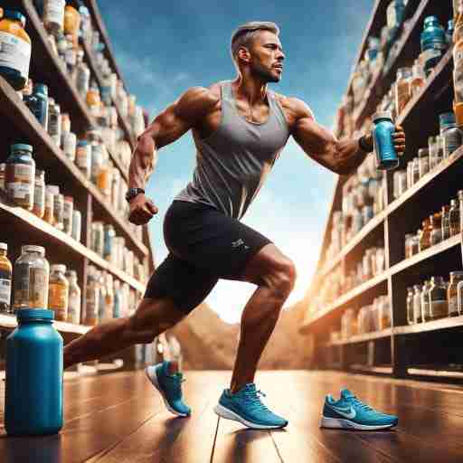 Un'immagine di una persona in attività fisica con una bottiglia di integratori. Mostra l'uso degli integratori per ottimizzare le prestazioni fisiche durante la chetosi, trasmettendo energia e resistenza.