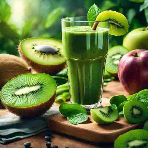 immagine che raffigura un frullato verde energetico, composto da ingredienti freschi come spinaci, banane, kiwi e semi di chia. Sullo sfondo, una persona energica si allena con entusiasmo, rappresentando la vitalità e l'energia derivante dall'assunzione di integratori vegani