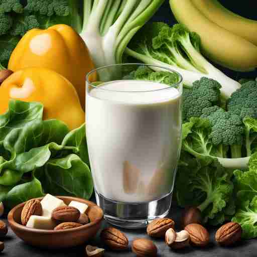 immagine che raffigura un bicchiere di latte vegetale arricchito di calcio, circondato da verdure verdi a foglia e noci. Sfondo luminoso e colori vivaci per rappresentare la vitalità e la salute delle ossa