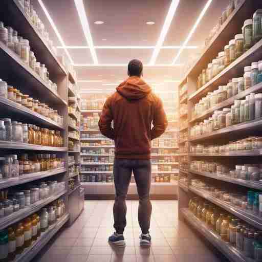 Un'illustrazione chiara di una persona che si trova di fronte a una vasta gamma di integratori per la perdita di peso in una farmacia o in un negozio specializzato. La persona potrebbe essere confusa o contemplativa, rappresentando il senso di scoperta e decisione che caratterizza l'introduzione agli integratori