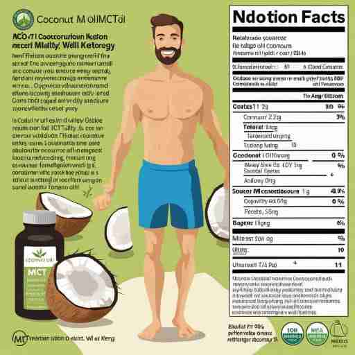 Un'immagine di cocco o un'etichetta di olio MCT con una persona piena di energia. Illustra visivamente l'origine e l'efficacia degli MCT come fonte energetica preferita durante la chetosi, trasmettendo vitalità e benessere.