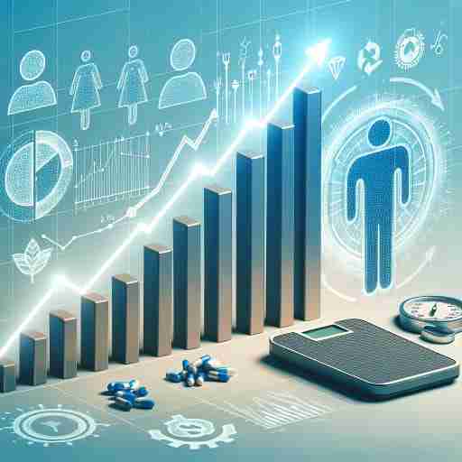 Un grafico che mostra una rappresentazione visiva della perdita di peso nel tempo, con diverse linee o barre che mostrano varie quantità di peso perse utilizzando gli integratori. Accanto al grafico, potrebbero essere incluse icone rappresentative della bilancia e di una persona felice e soddisfatta