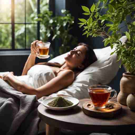 Persona rilassata si prepara a riposare, con una tazza di tisana e integratori anti-stress come ashwagandha, melatonina e valeriana, simboli di tranquillità e rilassamento