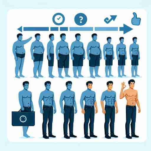 Una rappresentazione visiva di una persona che perde peso gradualmente nel corso del tempo, magari attraverso una serie di immagini che mostrano l'evoluzione del loro aspetto fisico. Potrebbe essere inclusa un'icona rappresentativa della costanza e della perseveranza