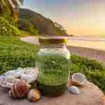 barattolo contenente integratori per lo stress con alcune conchiglie intorno su un prato verde che affaccia sulla spiaggia