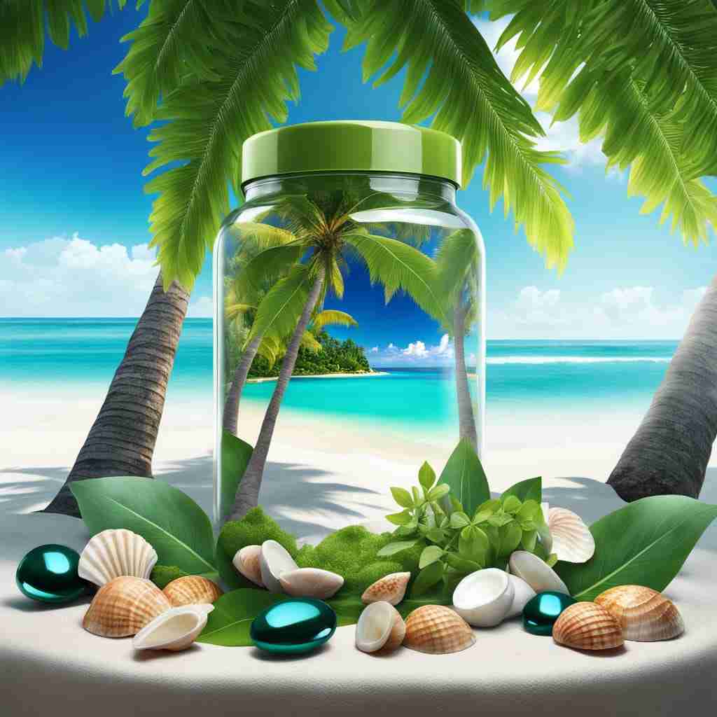 immagine di una luogo di totale relax, spiaggia bianca e mare azzurro, in risalto un baratto di integratori per lo stress