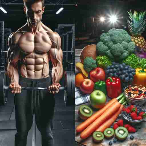 immagine che mostra un atleta vegano impegnato in un intenso allenamento di sollevamento pesi, con i muscoli in evidenza. Accanto a lui, una tavola imbandita di frutta, verdura e proteine vegetali, rappresentando gli alimenti essenziali per la crescita muscolare