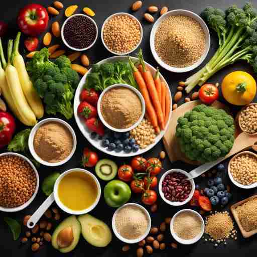 immagine che mostra una tavolata imbandita di cibi vegani senza glutine, come quinoa, verdure, legumi e frutta fresca. Sullo sfondo, un distintivo "senza glutine" ben visibile per sottolineare l'adeguatezza degli integratori vegani per chi segue una dieta priva di glutine