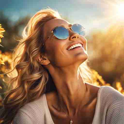 immagine di un sole radioso che splende su una donna in una posizione rilassata all'aperto. La donna sorride mentre assorbe i raggi del sole, simboleggiando l'assunzione naturale di vitamina D attraverso l'esposizione solare