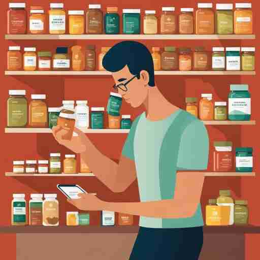 Persona segue le istruzioni sull'etichetta dell'integratore mentre prepara un pasto, con integratori organizzati accanto ad altri alimenti, simboli di facilità e controllo nell'integrazione degli integratori nella vita quotidiana