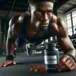 Aminoacidi per lo sport e la performance atleta in azione durante l'allenamento, con una bottiglia di integratori di aminoacidi accanto a lui